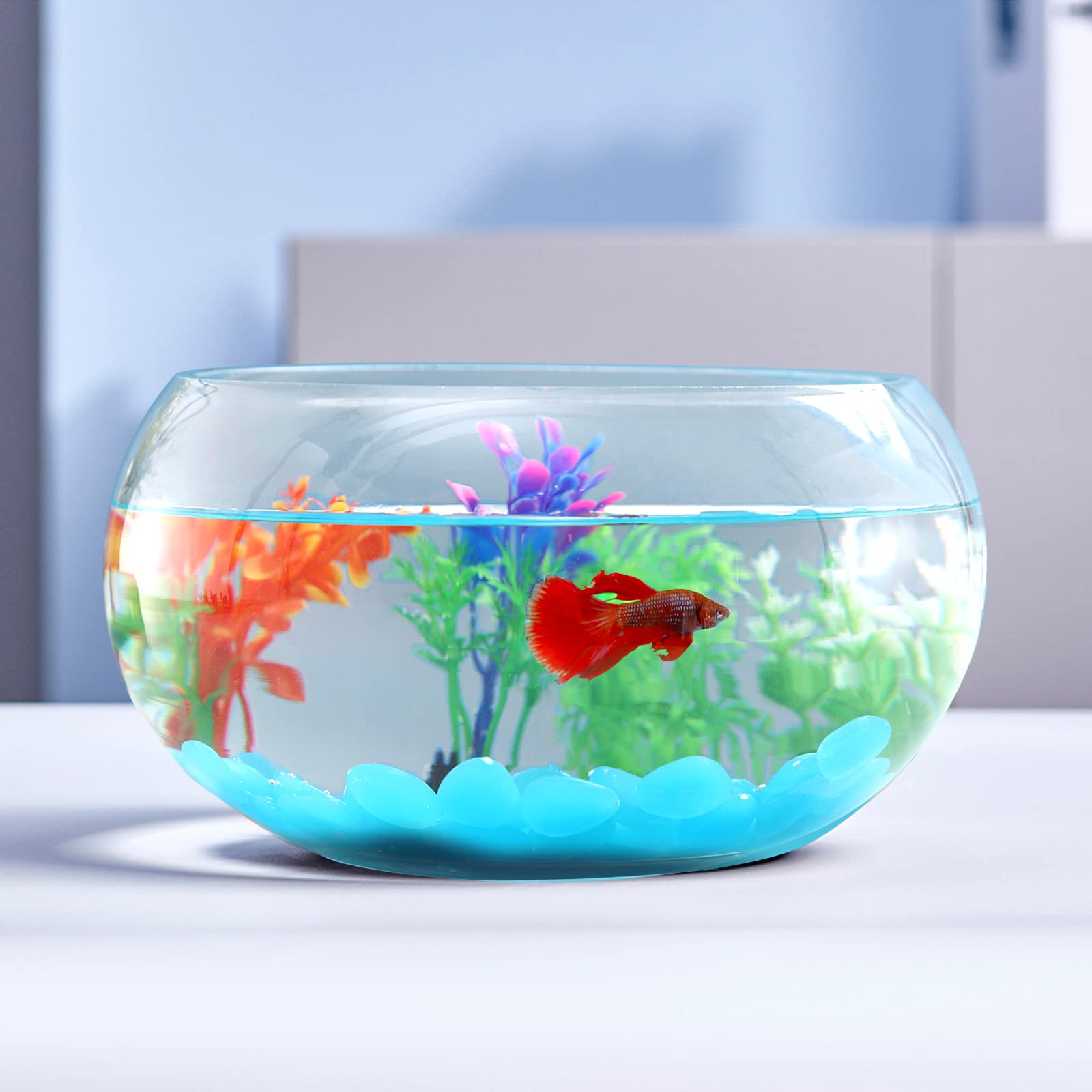 1 Gallon Glass Fish Bowl With Decor, Include Fluorescent Rocks & Colorful Plastic Trees, High White Glass For Clear View, Small 