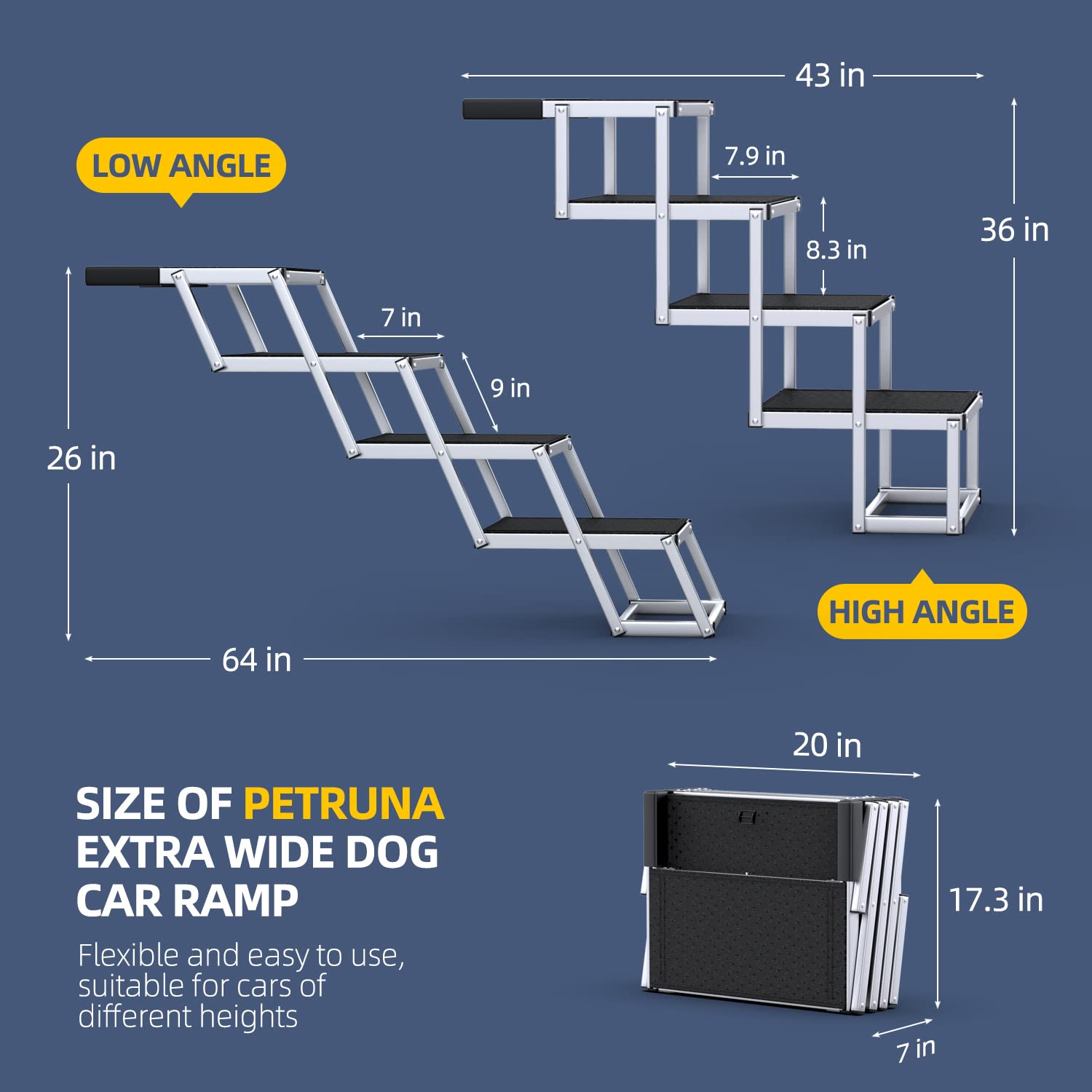 Petruna Extra Wide Dog Stairs For Large Dogs, Foldable Dog Ramp For Car With Non-Slip Surface, Dog Stairs For Cars, High Beds, Truck, Supports Up To 250 Lbs, 4 Steps