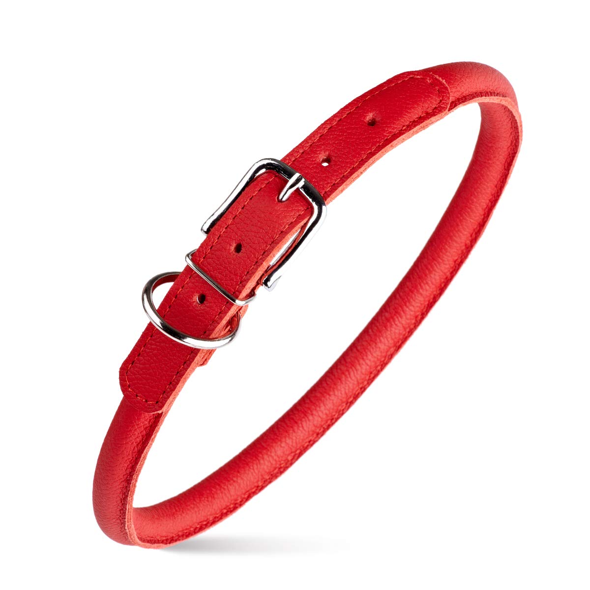 Dogline Rolled Leather Dog Collar - For Small, Medium And Large Breeds - Soft And Padded Round Luxury Design W1/2'' - L19-22, Re