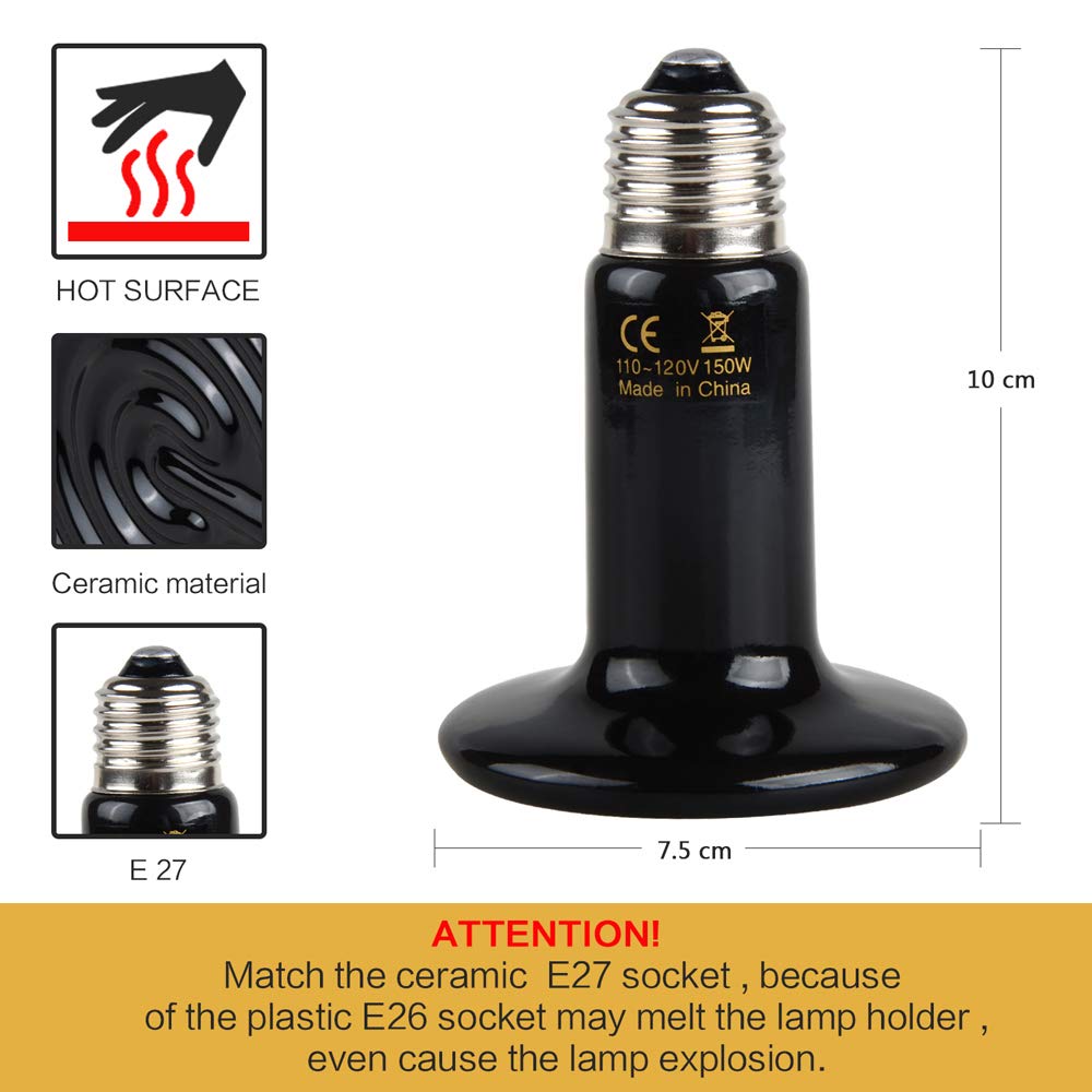 Boeespat 150W 3 Pack Ceramic Heat Emitter Bulb, Reptile Heat Lamp Brooder Coop Pet No Light No Harm For Pets Amphibians Hamsters Snakes Birds Poultry Chicken Coop Habitats (Black)