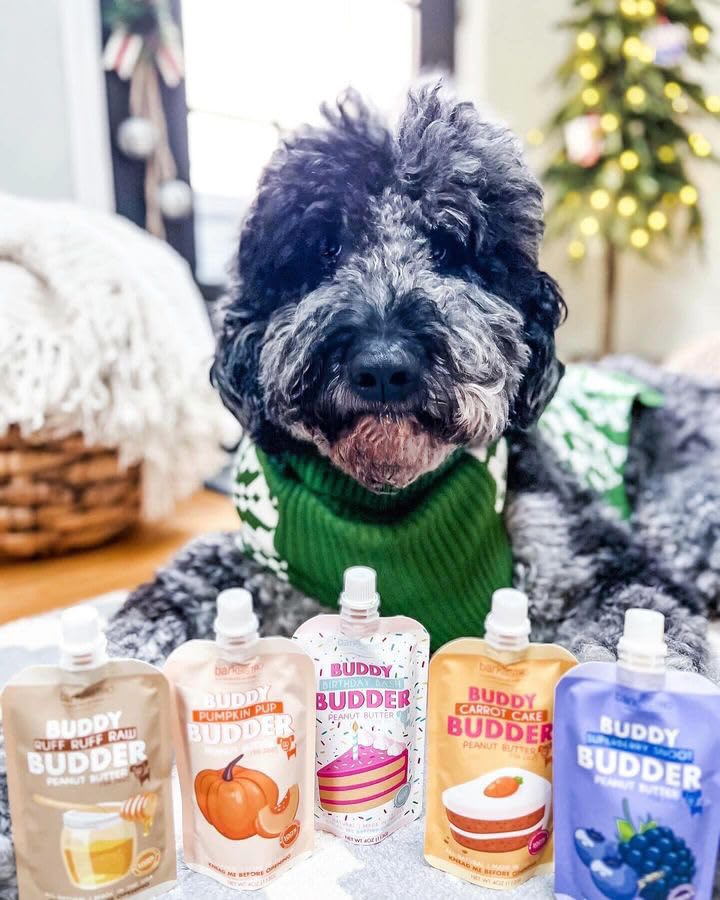 BUDDY BUDDER 6 Pack Mixed Flavor Squeeze Packs, 100% Natural Dog Peanut Butter, Healthy Peanut Butter Dog Treats, Made in USA, (