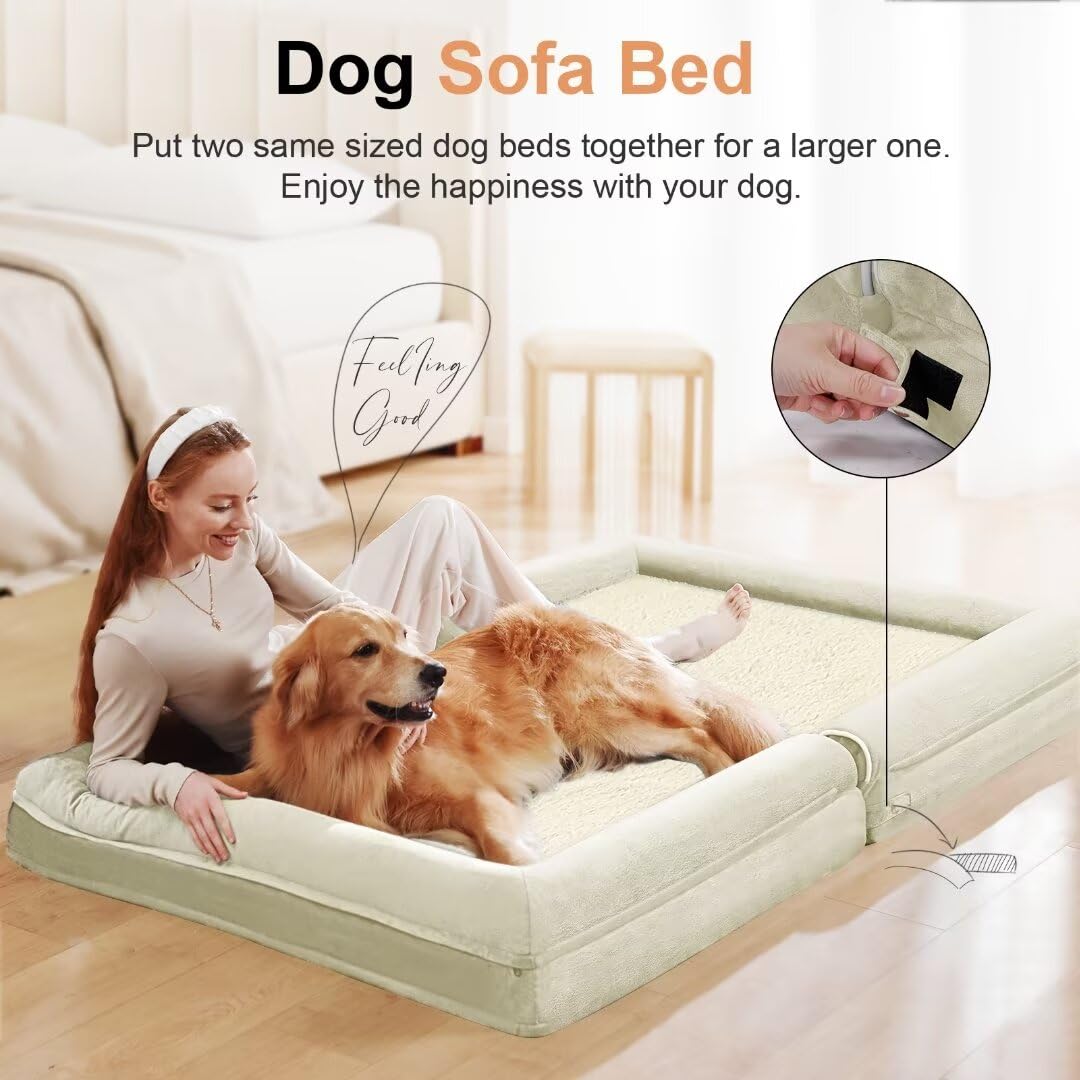 Large Dog Bed Orthopedic Washable: Jumbo Dog Bed Bolster Extra Large Dogs Egg Crate Foam Sofa Couch Waterproof Removable Cover - Beige