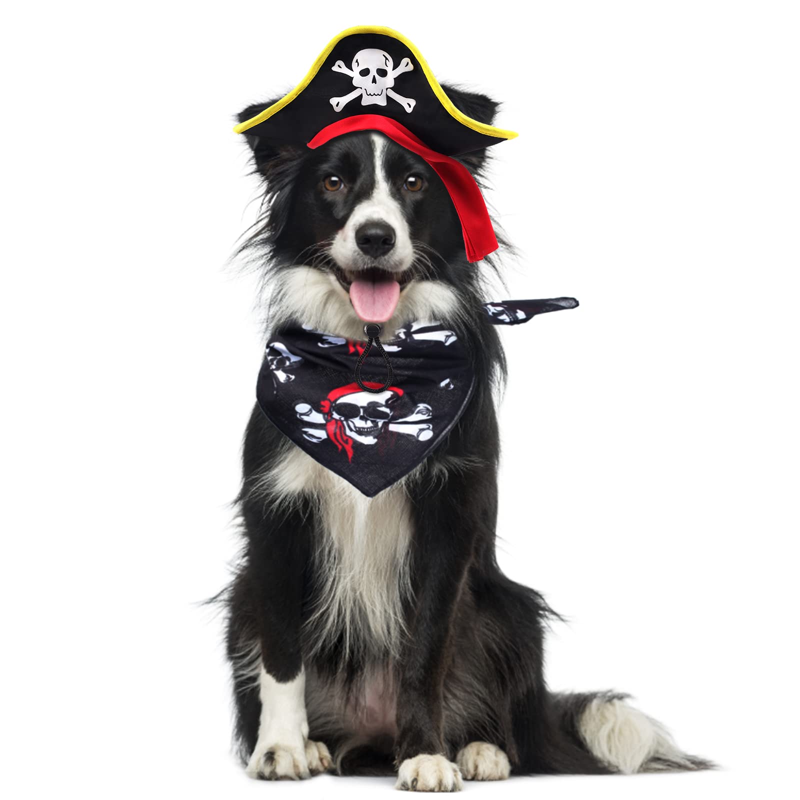 Aichiyu 2 Pieces Skull Print Pet Pirate Hat With Pirate Skull Bandana Dog Cat Captain Cap Halloween Pirate Cosplay Costume Halloween Party Hat Dress Up Costume Accessories (B) One Size