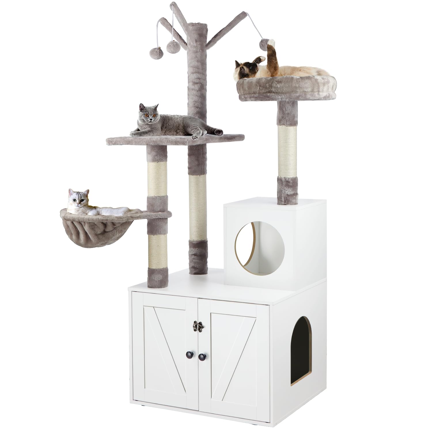 Timberer Litter Box Enclosure With Cat Tree, 2-In-1 Hidden Litter Box Furniture With Scratching Post, Modern Cat Condo, White
