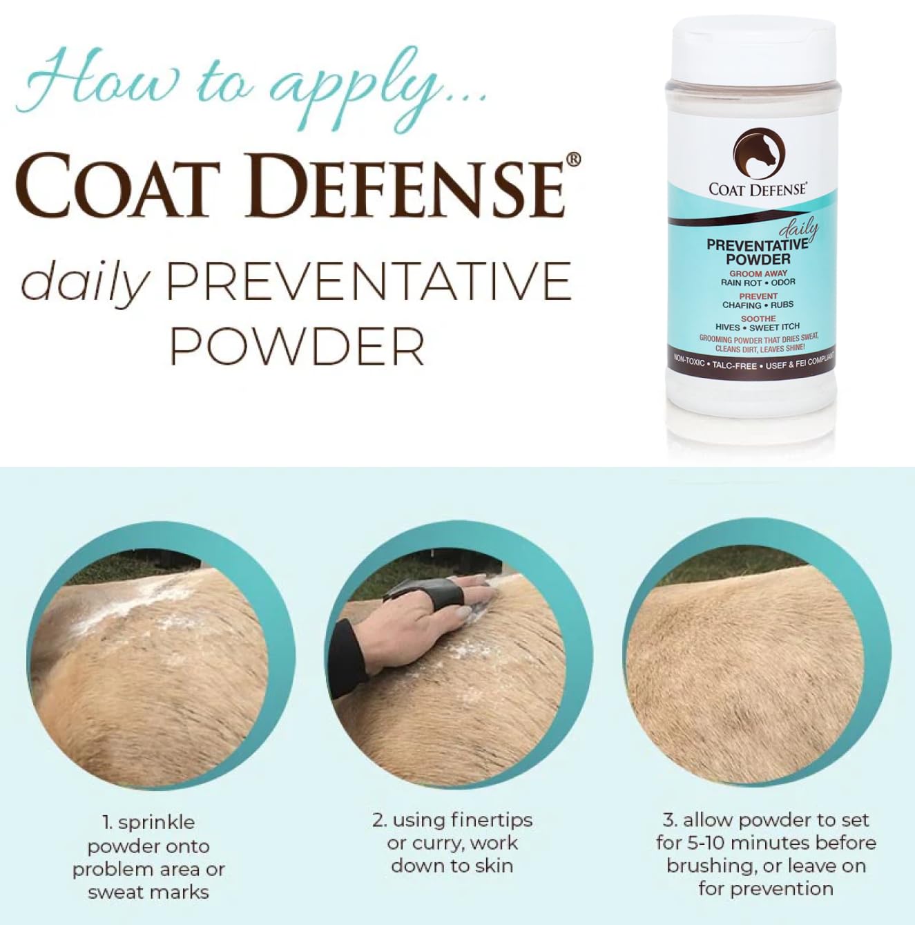 Coat Defense Daily Preventative Powder For Horses - Safe & Effective Equine Skin Conditioner Sweet Itch, Skin Funk, & Rain Rot - Dry Horse Shampoo, 16 Oz Formula With All Natural Ingredients