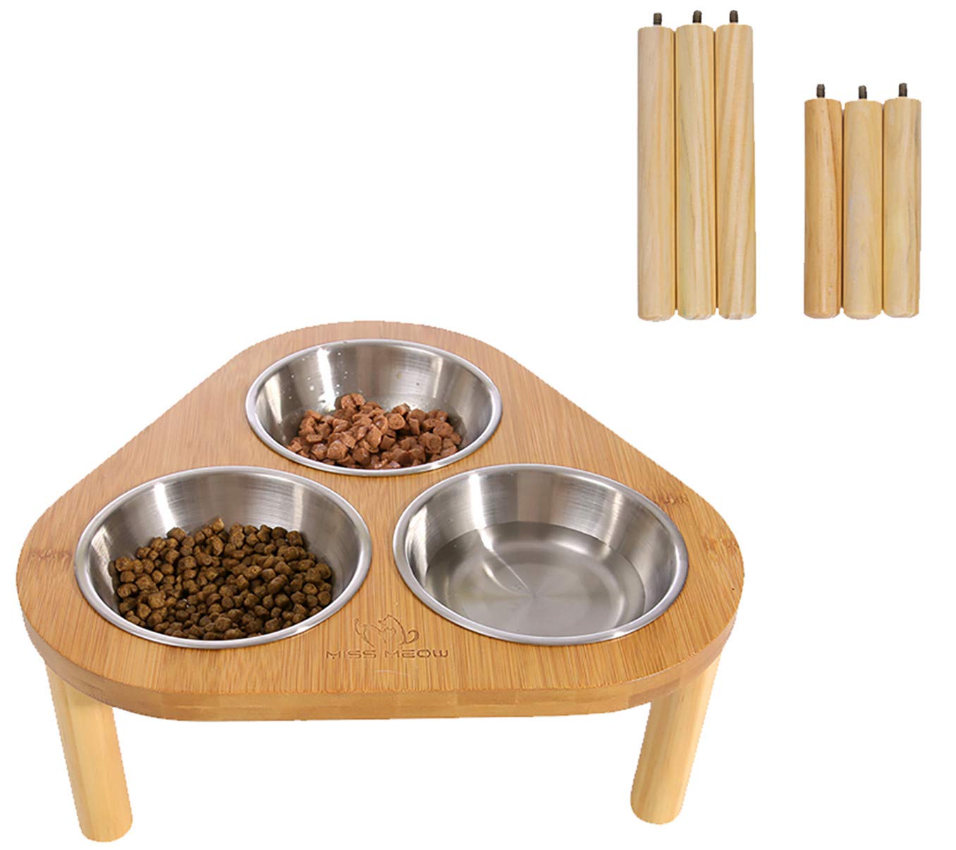 Miss Meow Raised Cat Bowls With Stand Feeder, Elevated Bamboo Stand With 3 Stainless Still Bowls And Removable Feet. (Stainless Still Bowls)