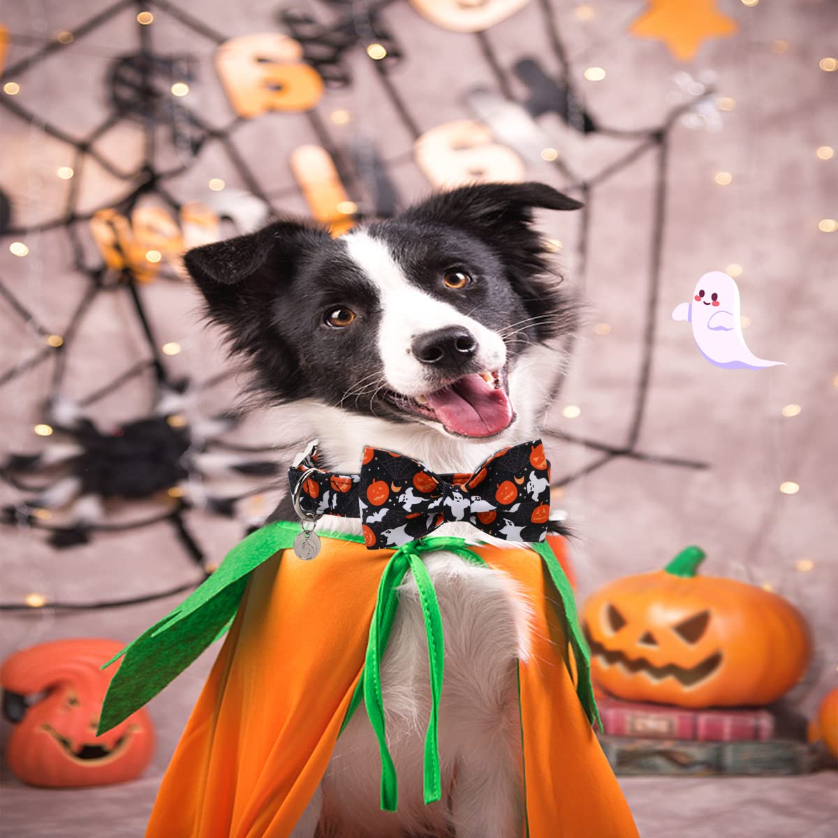 Dogwong Halloween Black Ghost Dog Collar With Removable Cute Bow Tie Adjustable Pet Collars, Soft Comfy Halloween Themed Pet Collar, Fall Dog Collar For Small Medium Large Dogs