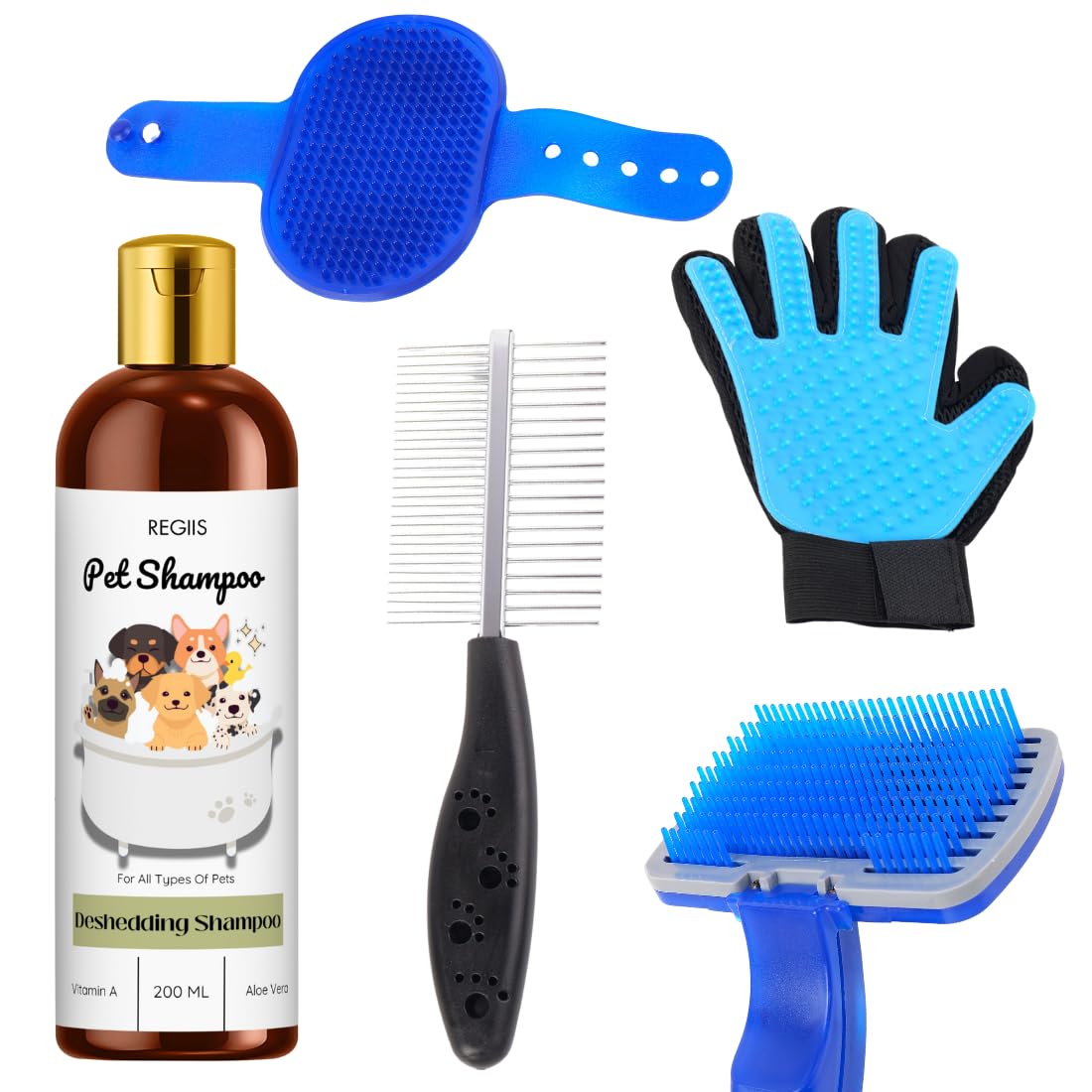 Pet Grooming Kit, Deshedding Shampoo 200Ml With Slicker Brush, Grooming Glove, DoubleSided Comb, Professional Dog Cat Bath Set(