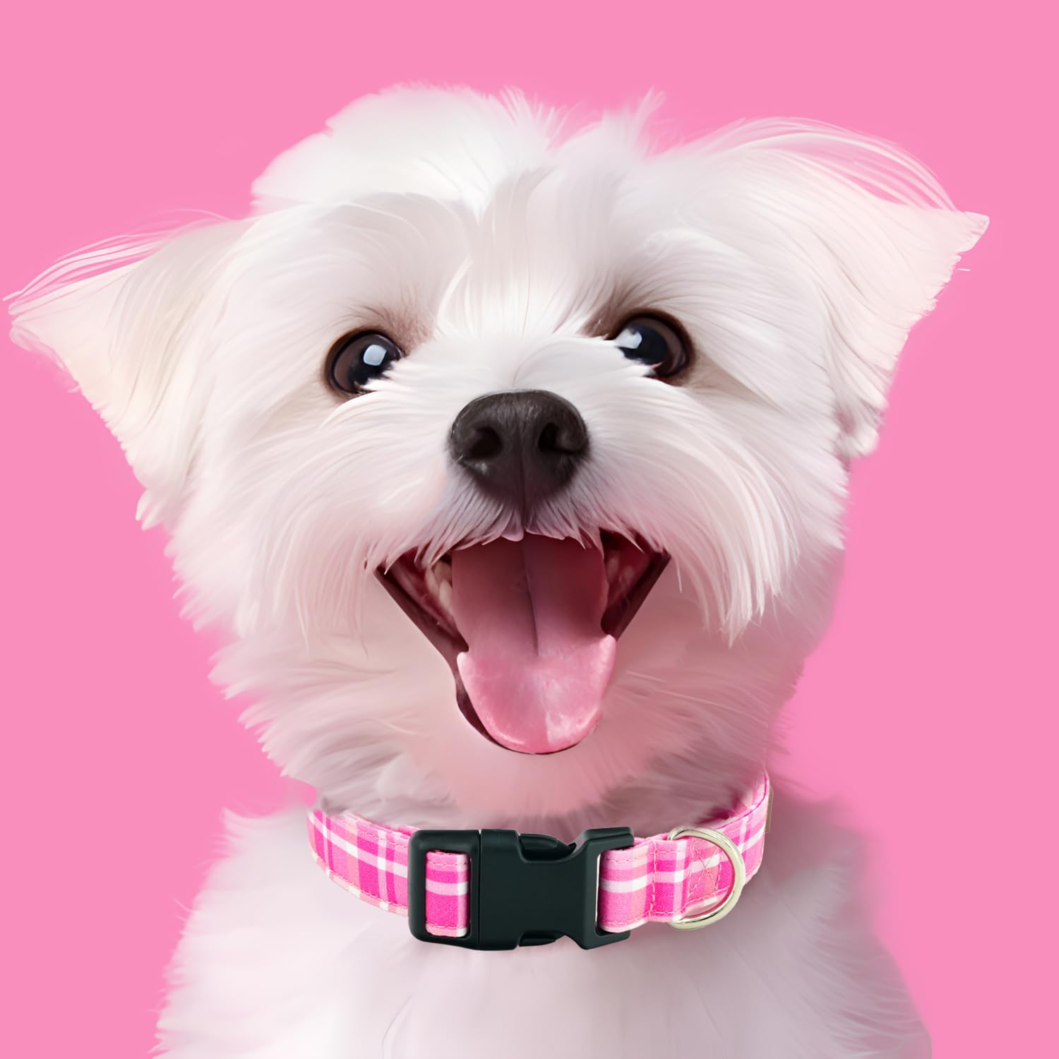 Tunkoo Pink Plaid Dog Collar, Cute Adjustable Premium Cotton Collar Durable Plastic Buckle For Small Medium Large Boys Girls Dog