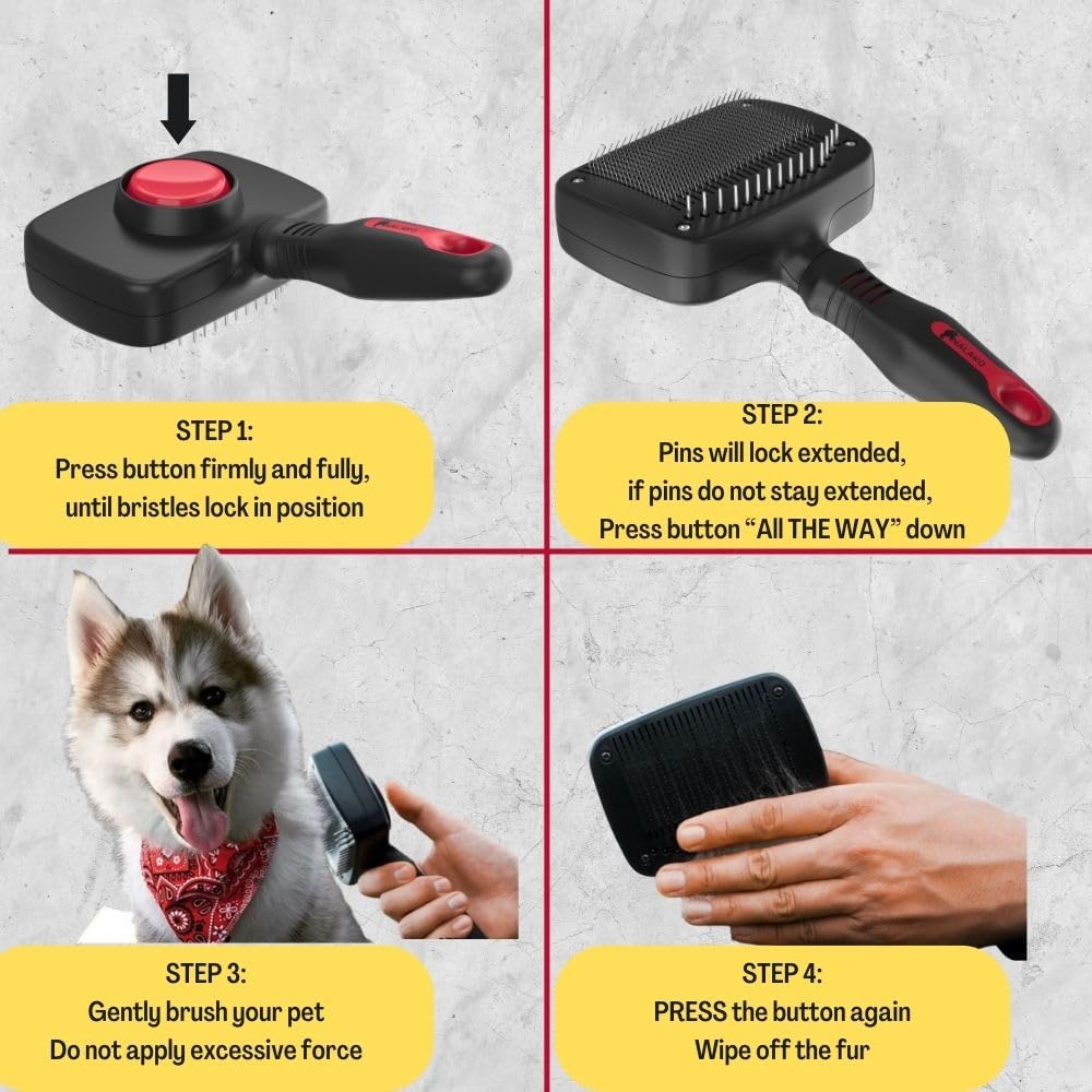 Nalako Self Cleaning Slicker Two In One Brush - Updated Button - Slicker & Undercoat Rake - Remove Shedding Dog Hair, Undercoat & Mats, For Medium & Long Haired Dogs, Great For Husky, Gsd