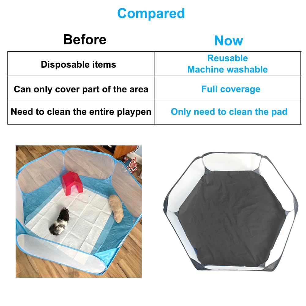Amakunft Waterproof Hexagon Playpen Mat, Washable Pet Bedding Liner, 42.5in x 41in, Black, for Guinea Pig, Rabbit, Hamster, Chinchilla