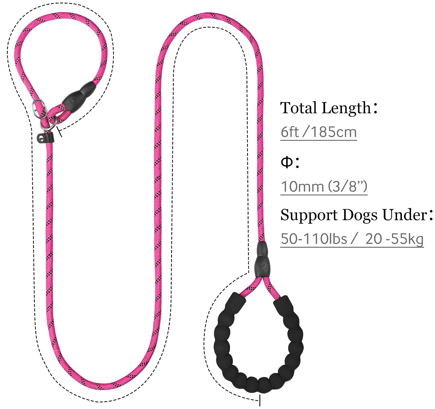 Tagme 6 Ft Slip Lead Dog Leash,12 Colors,Reflective Strong Rope Slip Leash With Padded Handle,Durable No Pulling Pet Training Leash For Medium Dogs,Hot Pink