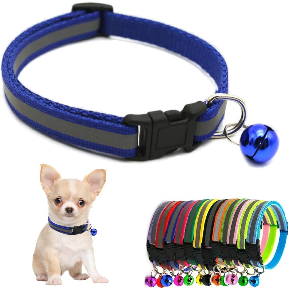 Dark Blue Cat Collar With Bell, Reflective Small Dog Collars With Bell Soft Adjustable Buckle For Xxs Xsmall Extra Small Puppies