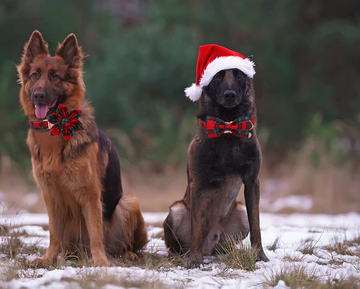 Dogwong Christmas Dog Collar With Bow Tie, Red Plaid Dog Collar Soft Durable Adjustable Cotton Red Green Tartan Puppy Collar For