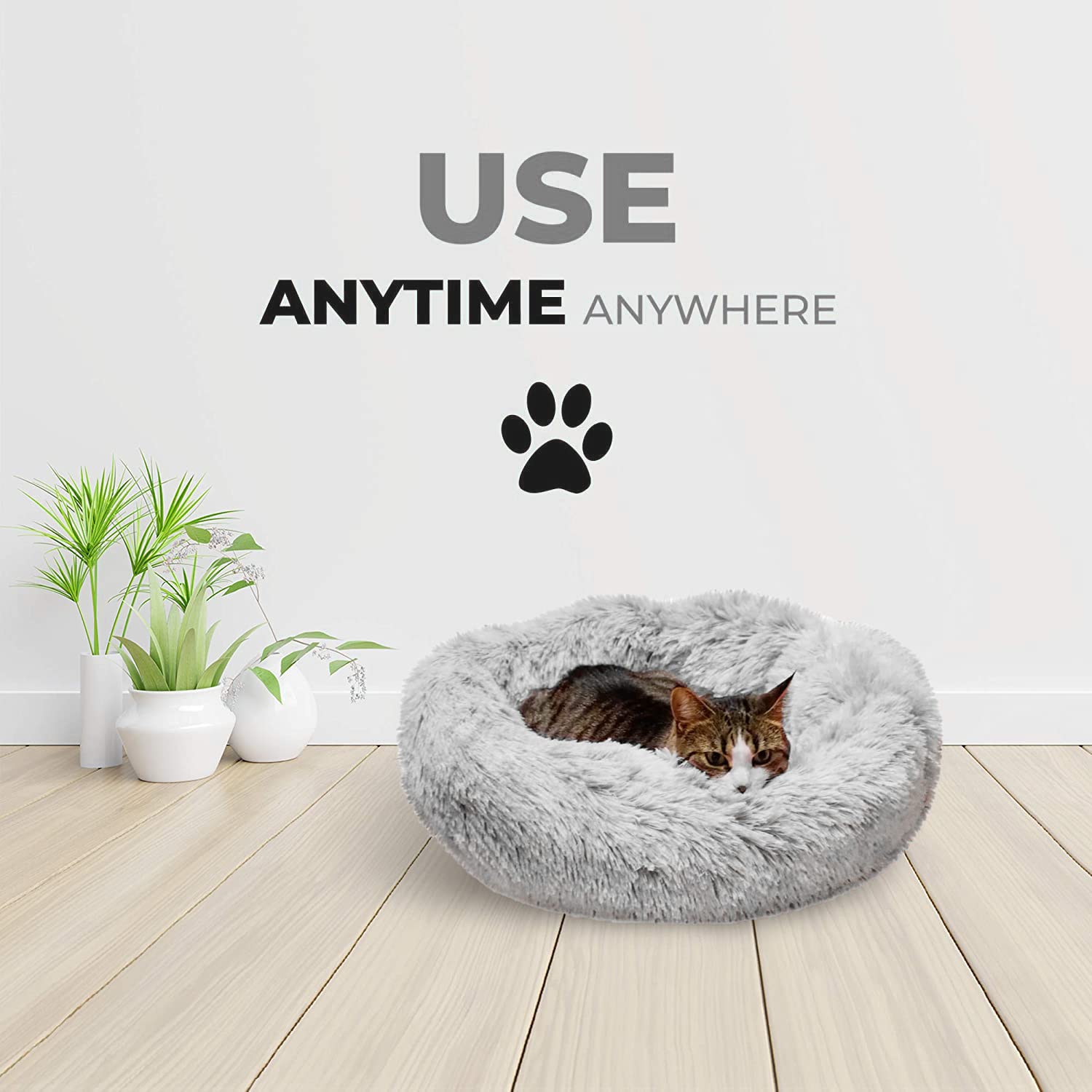 Whiskers & Friends Light-Grey Cat Bed, 23 Washable Anti-Anxiety Round Nest for Small Cats & Dogs, Ideal Indoor Pet Furniture