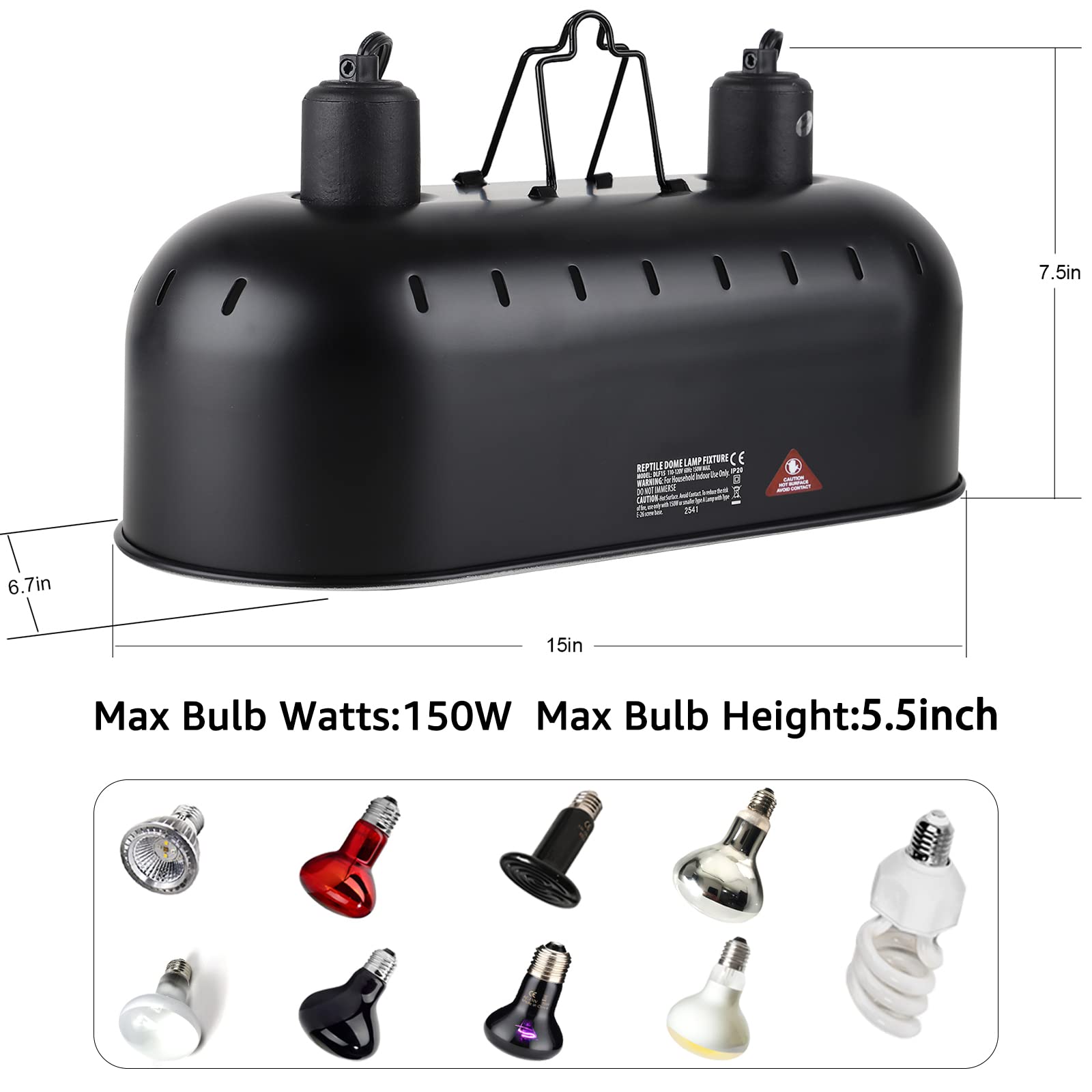 Dxophiex 15Inch Dual Reptile Light Fixture, Max 150W Dual Reptile Heat Lamp Fixture With 100W Uva Uvb Sun Lamp&Ceramic Heat Emitter,Double Dome Lamp Fixture For Reptile Terrarium And Tortoise Habitat