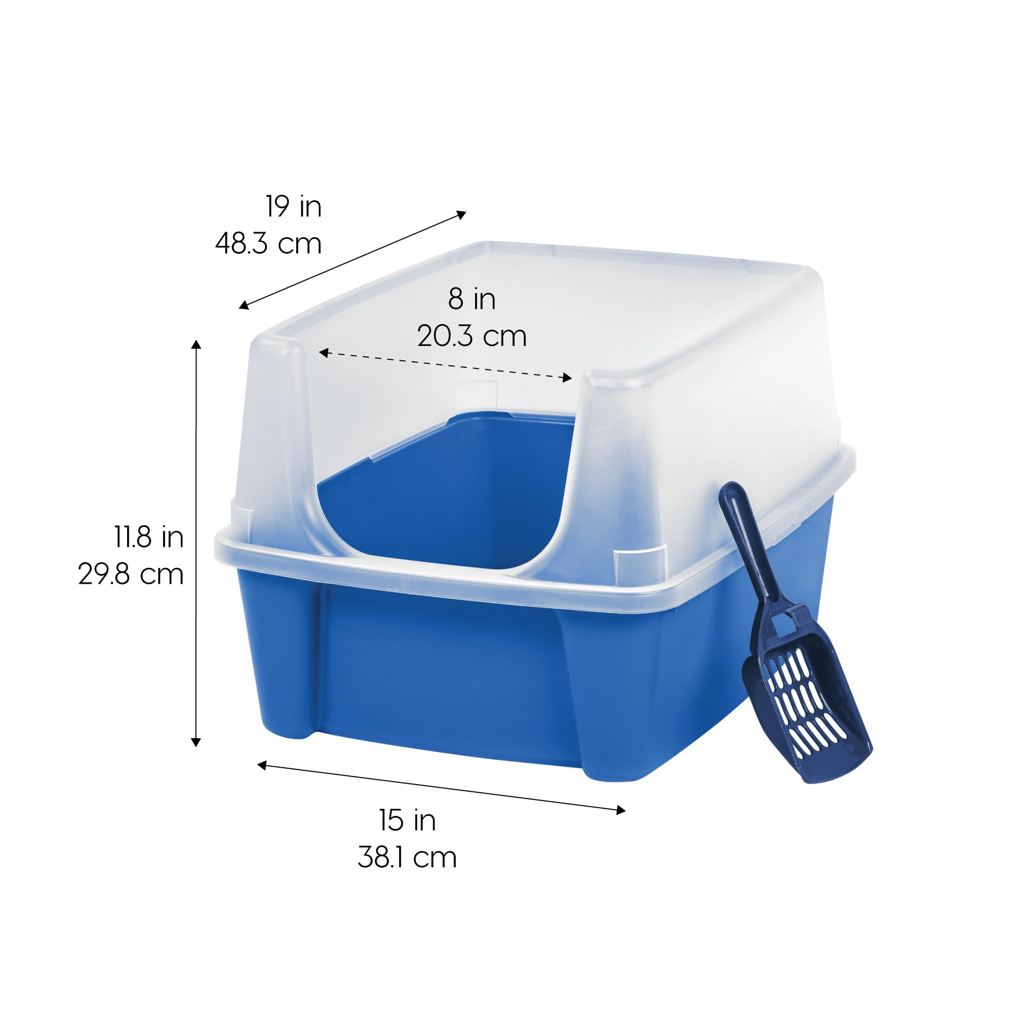 Iris Usa Large Cat Litter Box With Scatter Shield And Scoop, Open Top High Sided Cat Litter Pan, Blue