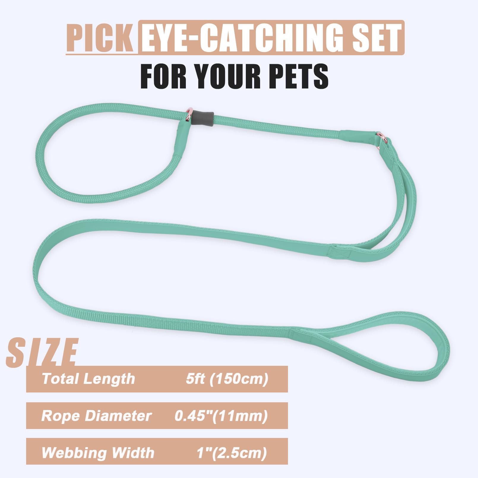 Aaufilux Slip Lead Dog Leash, Double Handle, Soft Leather, Heavy Duty Nylon, No Pull Walking, 5Ft Mint Green