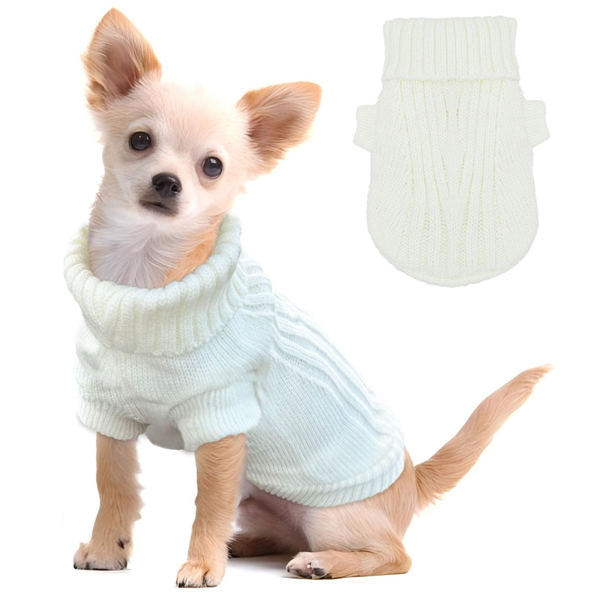 Knitted Dog Sweater For Small Dogs - Warm Puppy Clothes, Chihuahua & Yorkie Size (White, Medium)