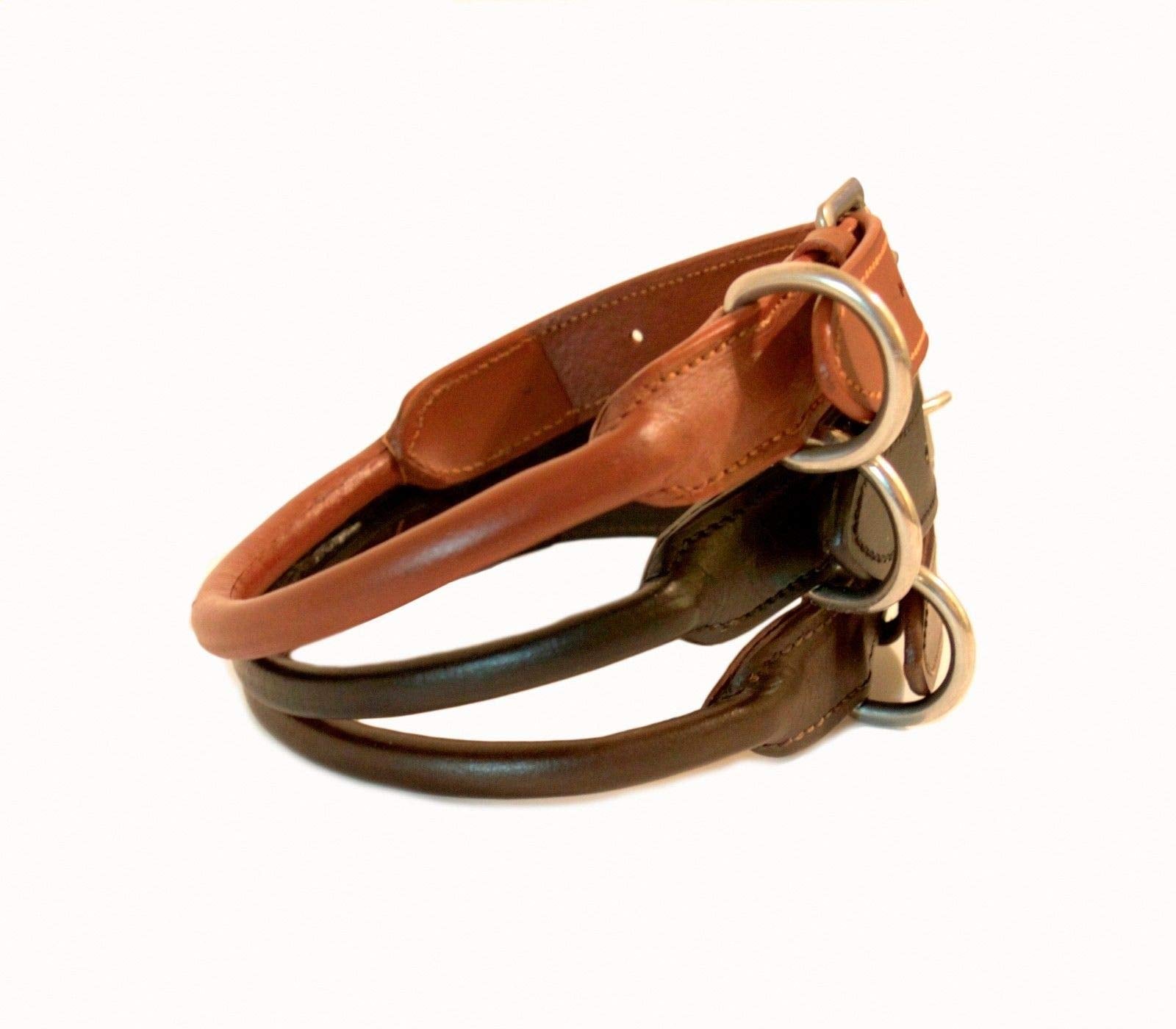 Sie Rolled Leather Dog Collars (18'', Chestnut)