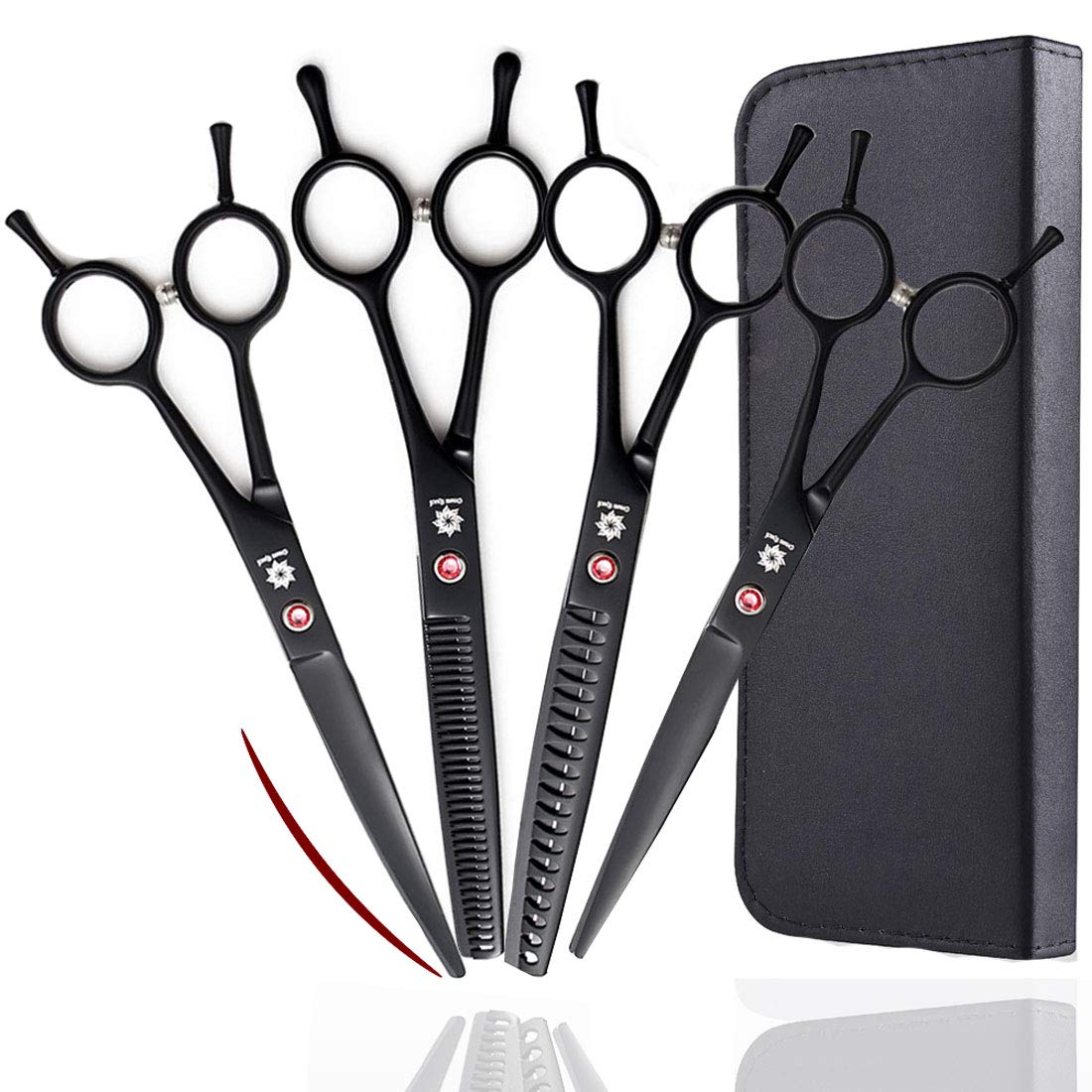 Dream Reach 7.0 Inches Professional Pet Cat Dog Grooming Shears Scissors, Straight, Curved, Thinning/Blending/Chunking Scissors Kit (4-Set)