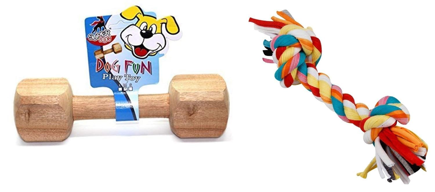 Foodie Puppies Durable Chew Toy Combo (Wooden Dumbbell + 2 Knotted Cotton Rope Toy) (Color May Vary) | Chewing, Playing, Teethin