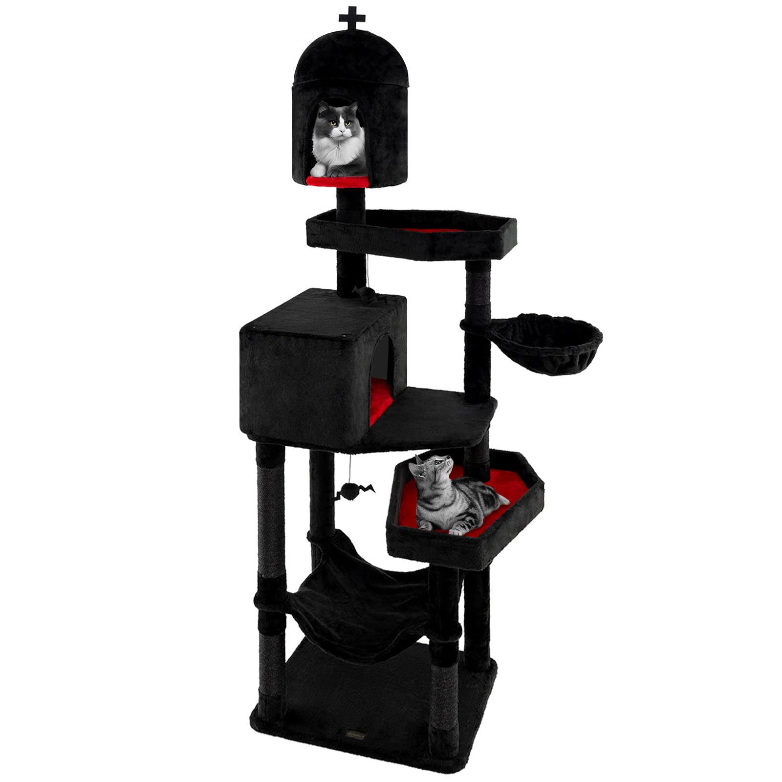 Petsite 83 Inch Tall Gothic Cat Tree, Multi-Level Halloween Cat Tower With Coffin Beds, Scratching Posts, 2 Cat Condos, Dangling