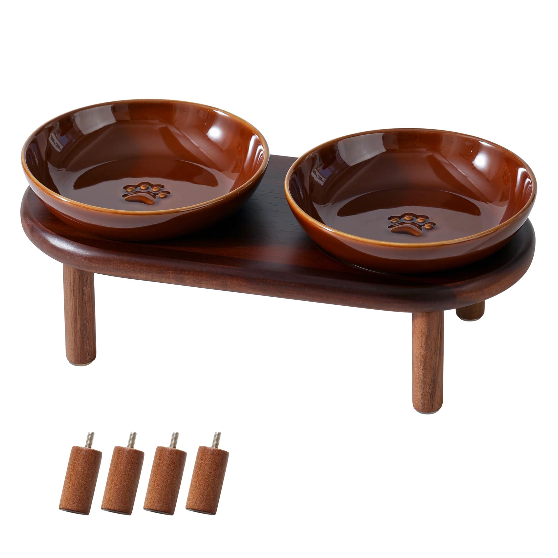 Havniva Elevated Ceramic Paw Print Cat Dish, Wide Whisker Friendly Anti-Slip Food & Water Bowl with 2 Heights Adjustable Acacia 