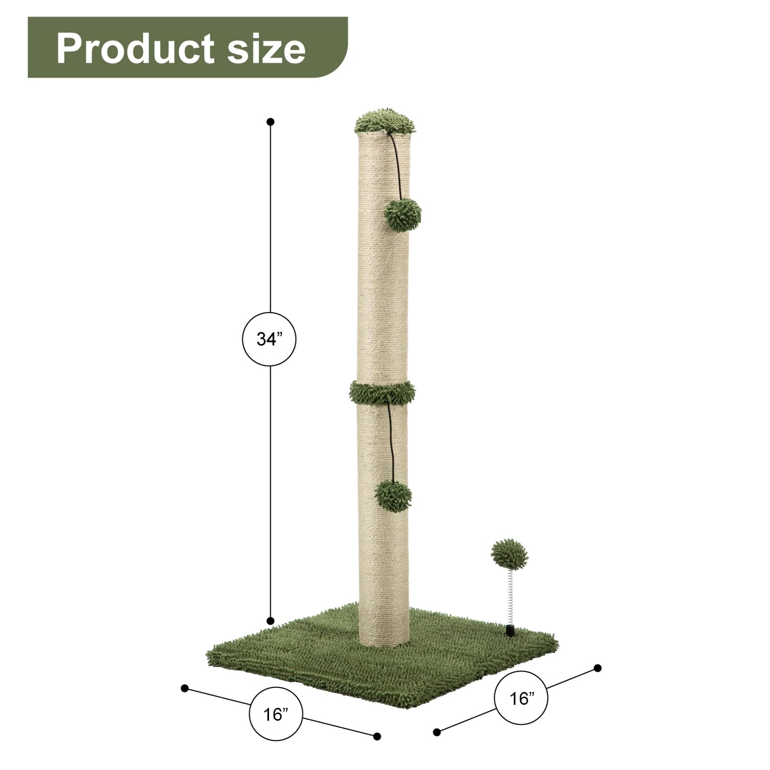 Mecool 34“ Tall Cat Scratching Post Premium Basics Kitten Scratcher Sisal Scratch Posts Trees With Hanging Ball For Indoor Cats (34 Inches For Adult Cats, Cactus Green)