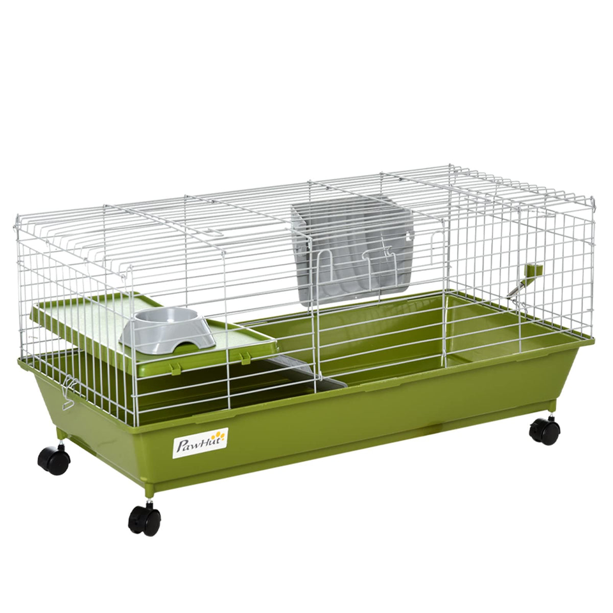 Pawhut 35' L Small Animal Cage, Rolling Bunny Cage, Guinea Pig Cage With Food Dish, Water Bottle, Hay Feeder, Platform, Ramp For Ferret Chinchilla, Green