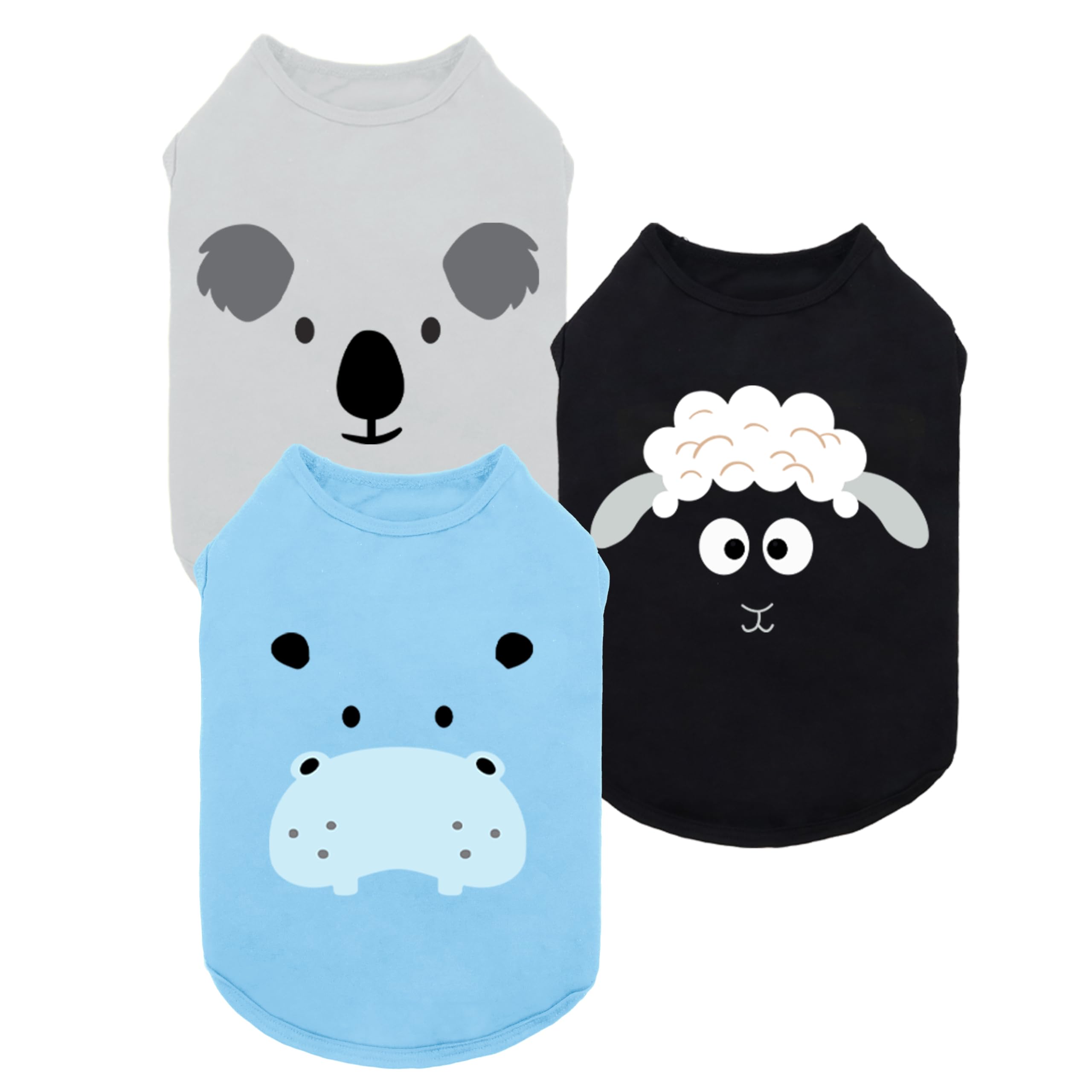 Fitwarm 3 Pack Hippo Sheep Koala Dog Shirt, Summer Clothes For Small Dogs Boy Girls, Funny Pet Outfit, Black, White, Gray, Blue,