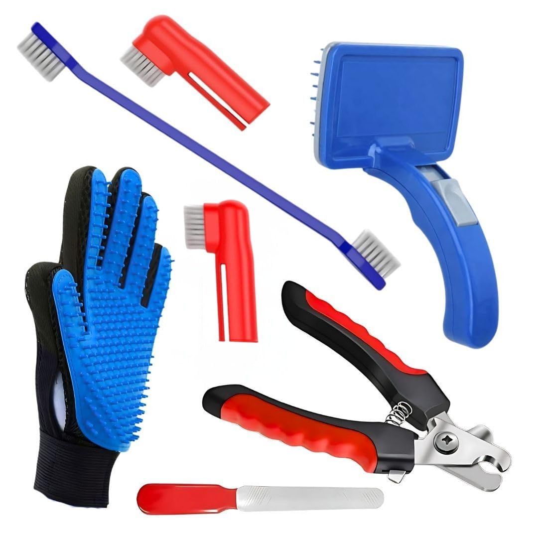 Pet Fun Pet Grooming Kit Combo | Deshedding Glove, Nail Clipper With Filer, Toothbrush, Plastic Slicker Brush & Fur Remover | Gr