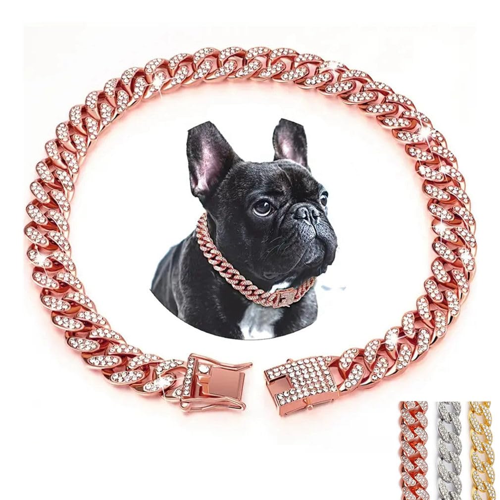 Rose Gold Cuban Link Dog Collar, Rhinestone Dog Necklace Glitter Crystal Sparkly Diamond Metal Bling Girl Puppy Chain Collars Fo