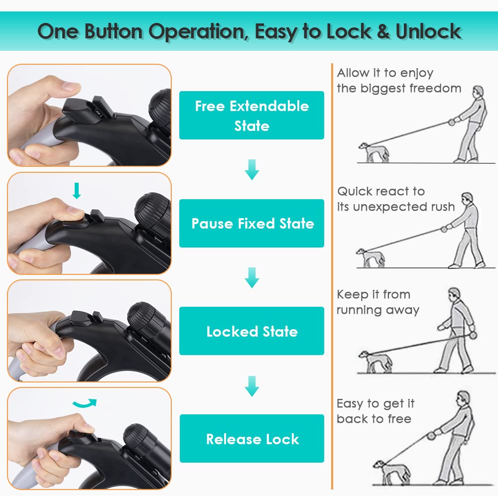 Nasus Retractable Dog Leash, 26Ft Pet Walking Leash With 9 Led Detachable Flashlight For Medium Large Dog Up To 100Lbs, With Hand Grip One Button Brake & Lock And Hook (Black-N)