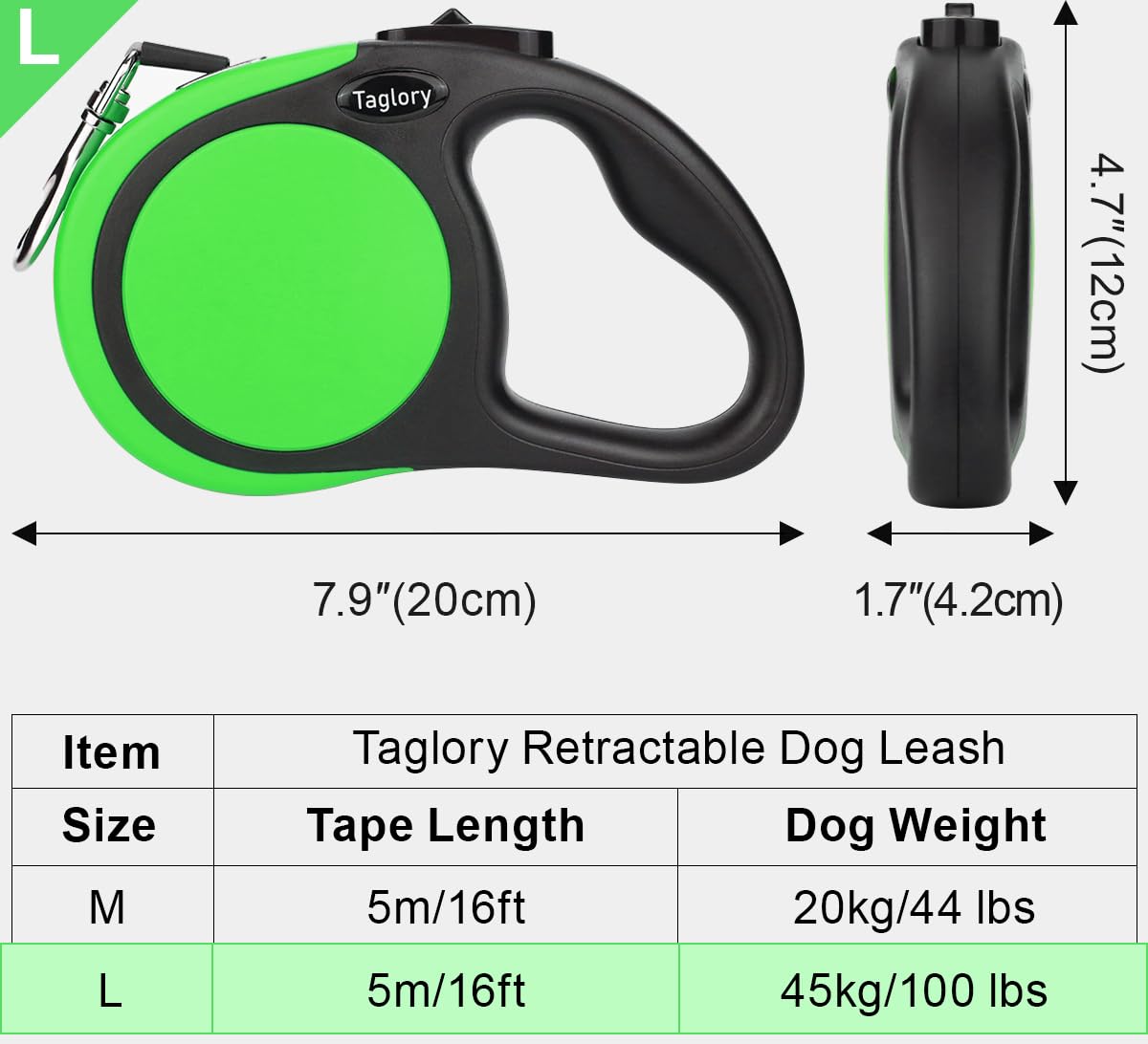 Taglory Retractable Dog Leash, 16Ft No Tangle Leash Retractable For Medium And Large Dogs Up To 100 Lbs, One-Handed Brake, Pause