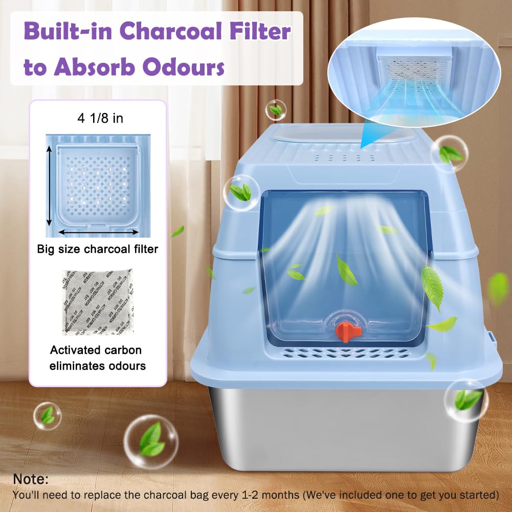 Xl Stainless Steel Litter Box, Easy-Clean With Top Exit Design, Odor Control Litter Box With Fully Enclosed Design & Activated C