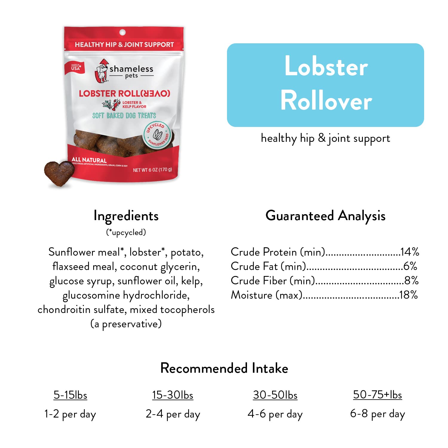 Shameless Pets Soft-Baked Dog Treats, Lobster Rollover - Natural Dog Chews for Hip & Joint Support with Glucosamine - Baked & Ma