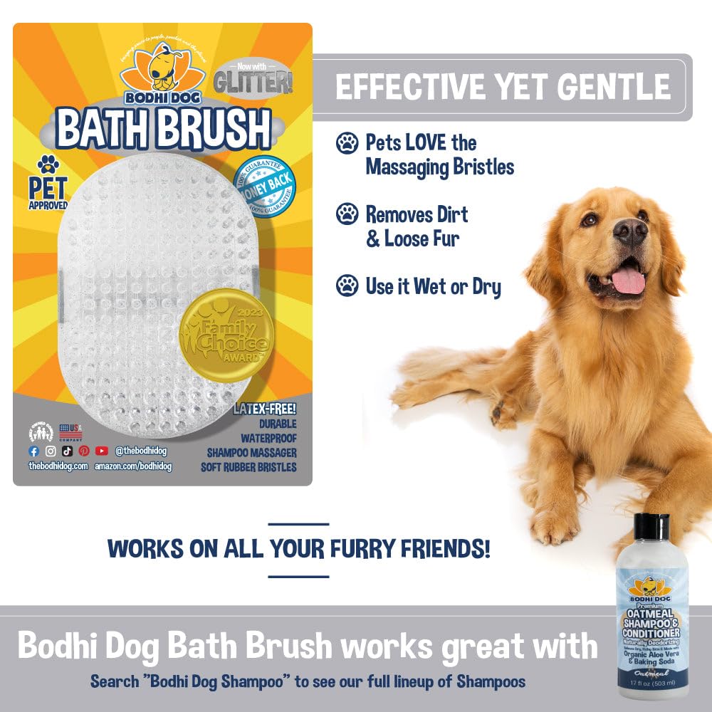 Bodhi Dog Shampoo Brush - Pet Grooming & Bath Supplies For Cats And Dog Bath Brush For Long & Short Hair - Premium Scrubber For Shower, Bathing & Massage - (One Pack, Silver Glitter)