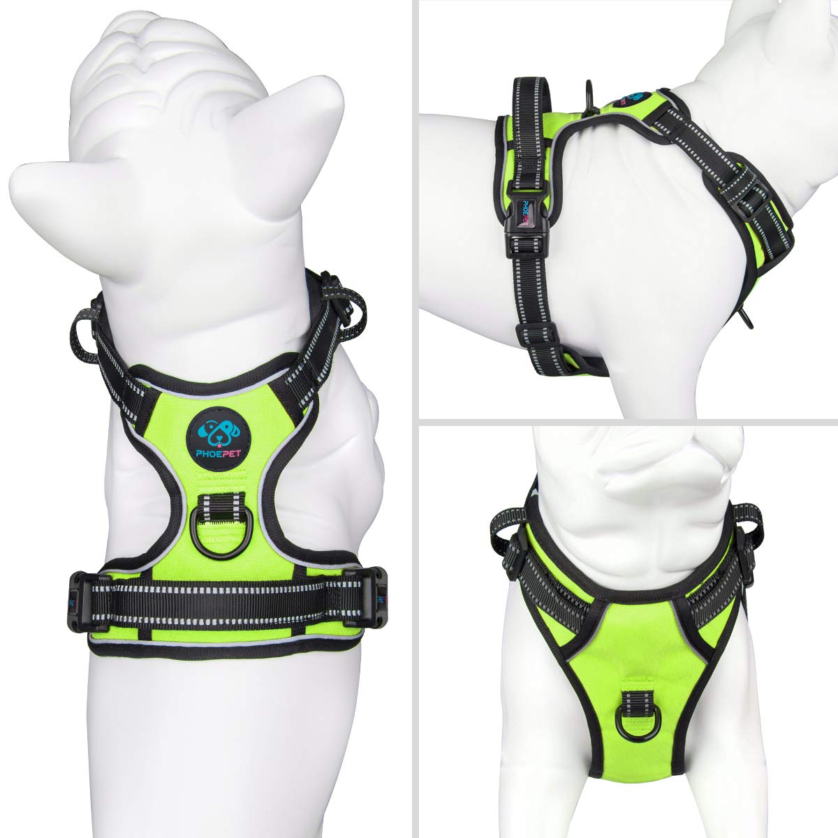Phoepet No Pull Dog Harnesses For Small Puppies Reflective Adjustable Front Clip Vest With 2 Metal Leash Attachment Hooks Soft Handle(S, Green)