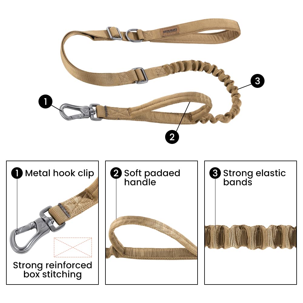 Excellent Elite Spanker Tactical Dog Leash Heavy Duty 5-6Ft Adjustable No Pull Military Bungee Dog Leash Elastic Leads Rope With 2 Padded Control Handle For Medium Large X-Large Dogs(Coyote Brown)