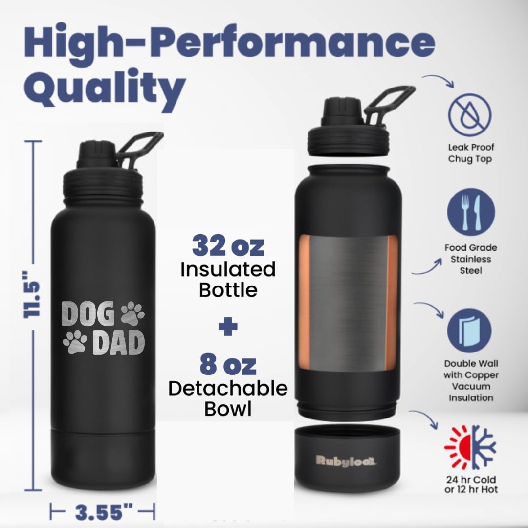 Dog Water Bottle For Dog Dads - 32 Oz Stainless Steel Double Wall Insulated Water Bottle With 8 Oz Detachable Bowl - Ideal Pet L