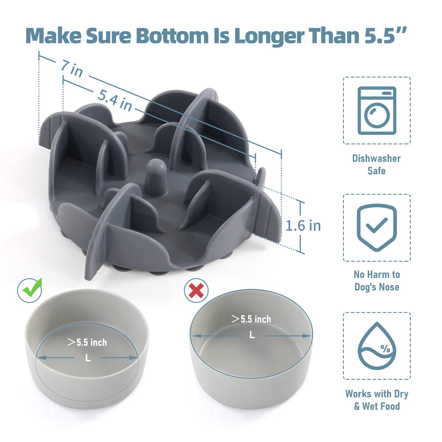 Jaoul Slow Feeder Dog Bowls X-Large 7 Inch Cuttable Insert With 32 Octopus Suction Cups For Medium Breed Dog Bowls (X-Large, Gre