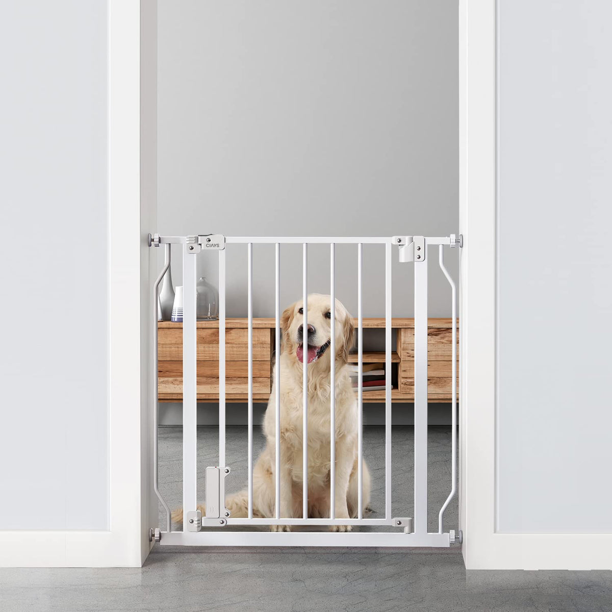 Ciays Baby Gate 29.5” To 33.5”, 30-In Height Extra Wide Dog Gate For Stairs, Doorways And House, Auto-Close Safety Metal Pet Gate For Dogs With Alarm, Pressure Mounted, White