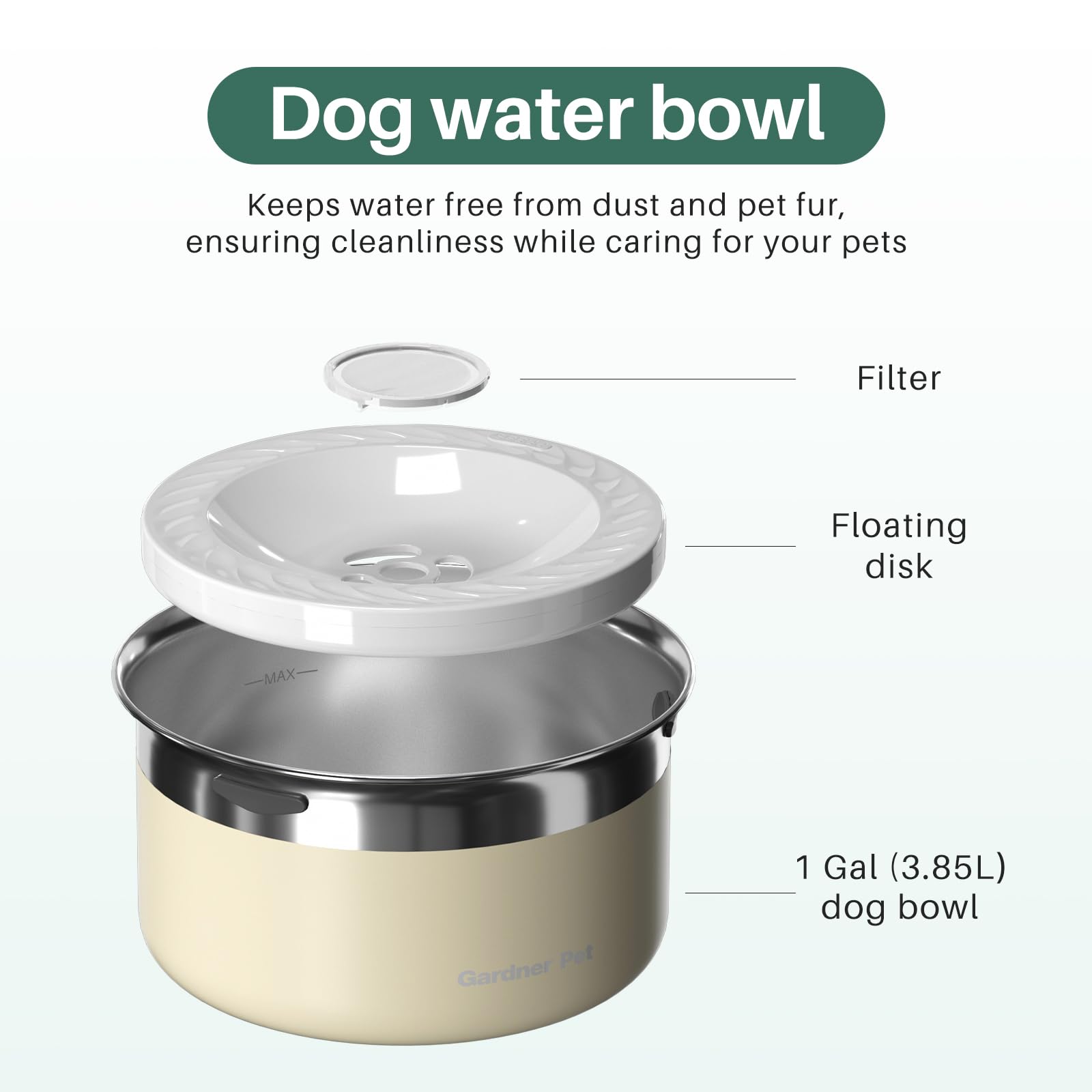 Gardner Pet Dog Bowls 1 Gallon (3.85L) Stainless Steel No Spill Water Bowl, Slow Water Feeder Metal Dog Bowls, Spill Proof Water