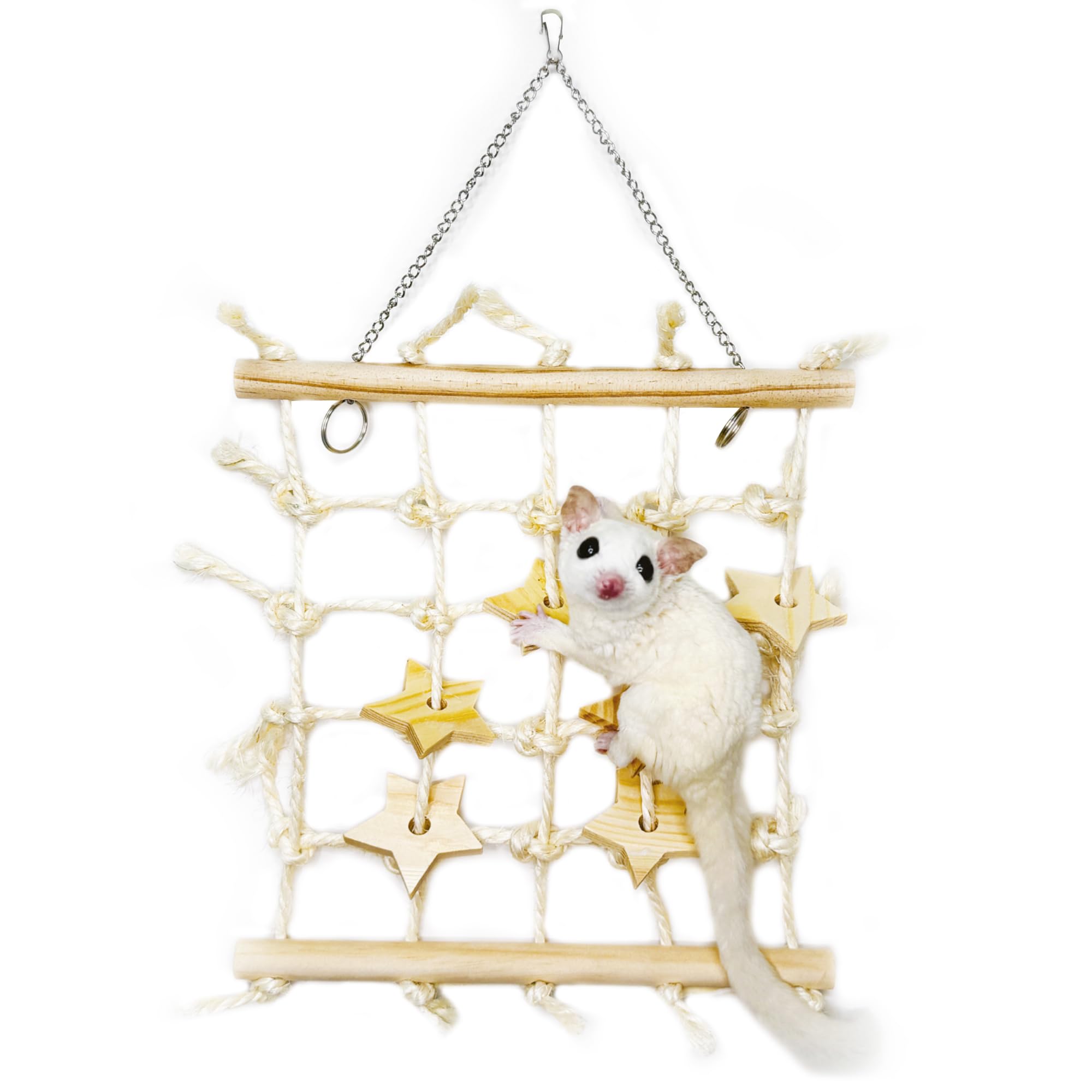 Jevnd Sugar Glider Toys, Natural Wooden & Sisal Sugar Glider Climbing Net, Hanging Toys Rat Cage Accessories, Anti-Snag Chew-Res
