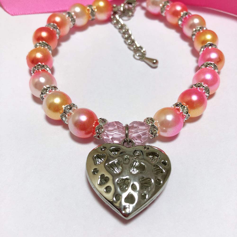 Petfavorites Ombre Dog Pearls Necklace Jewelry For Small Dogs - Bling Cat Wedding Collar With Rhinestones Heart Charm - Teacup Puppy Chihuahua Yorkie Clothes Accessories (Love Heart, 8 To 10-Inch)
