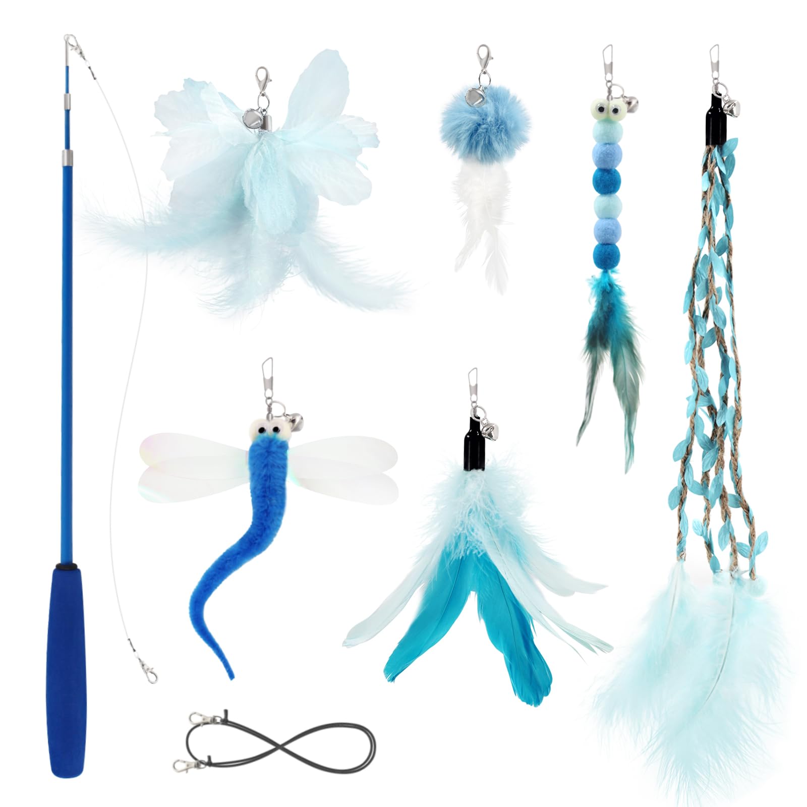SONGWAY Cat Wand Toys for Indoor Cats - Cat Toy Set with Retractable Teaser Wand and 6 PCS Fairy Feather Toy Refills, Dragonfly 