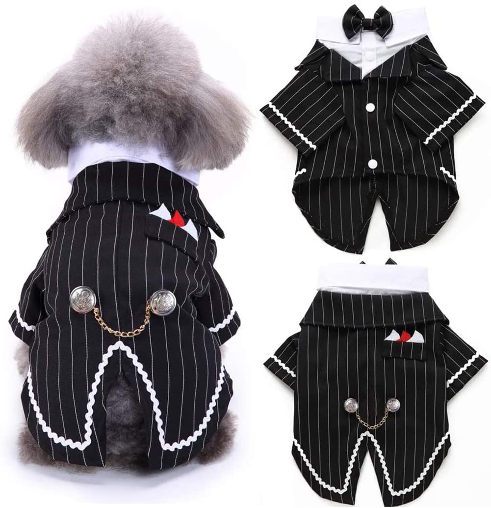 Dentrun Dog Stylish Suit Bow Tie Costume, Puppy Tuxedo Wedding Halloween Birthday Cosplay Shirt, Pet Formal Clothes For Small Me