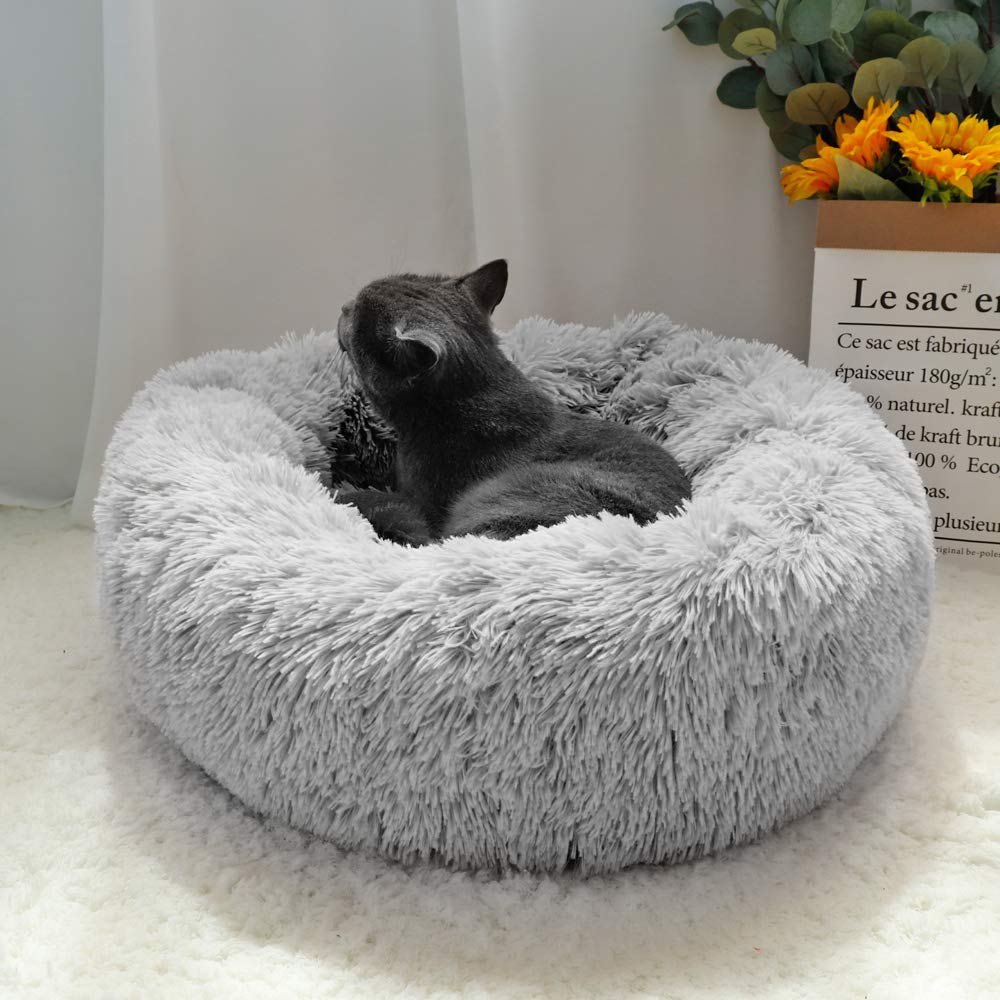 Otoez Round Plush Donut Pet Bed Warm Fur Cuddler Dog Cat Cushion Bed Calming Bed Non-Slip Bottom (15.7', Light Grey)