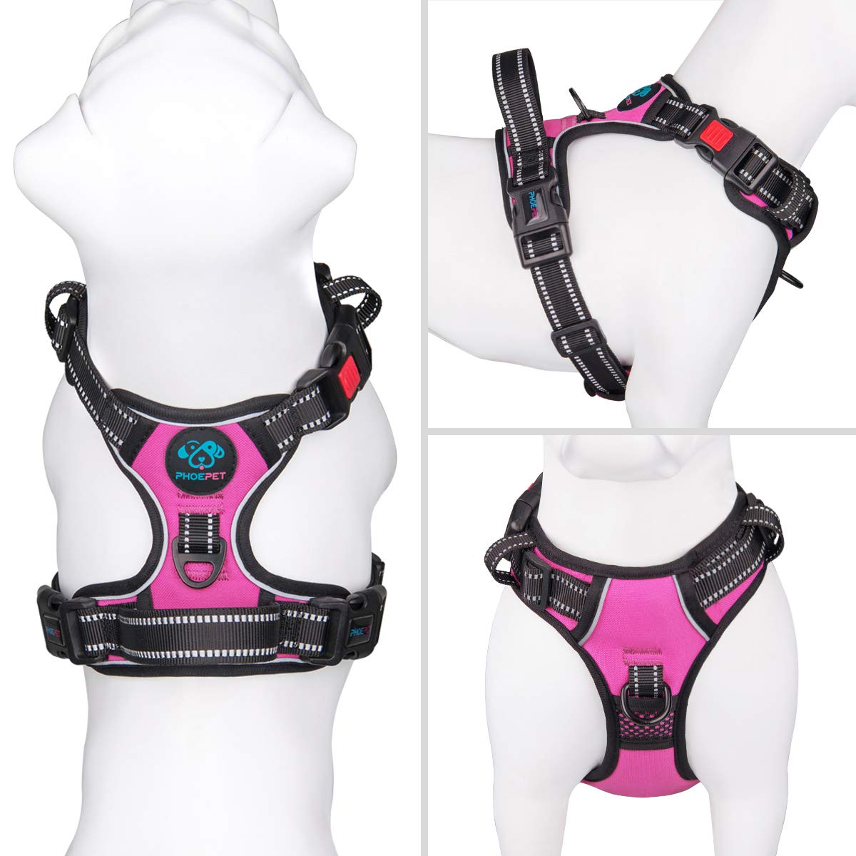 Phoepet Reflective Dog Harness Large Breed Adjustable No Pull Vest With With Handle 2 Metal Rings 3 Buckles [Easy To Put On & Take Off](L, Pink)